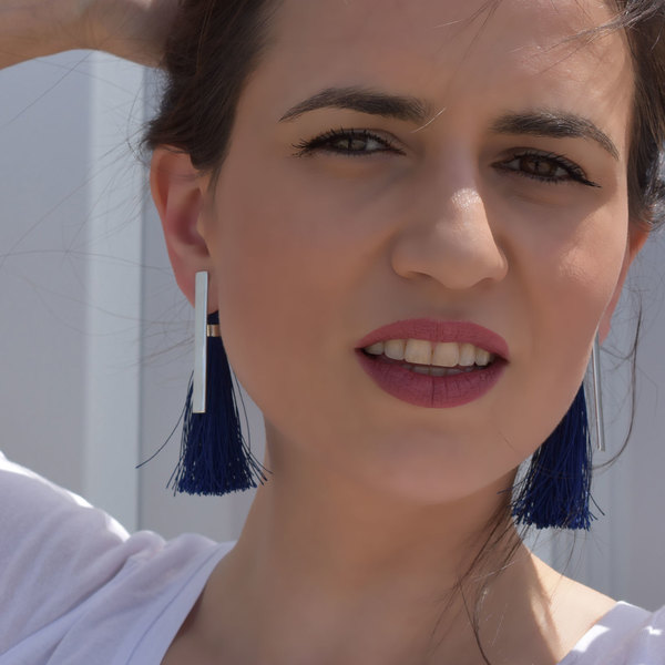 COLORISE Earrings Blue - statement, ασήμι, μοντέρνο, με φούντες, κορδόνια, γεωμετρικά σχέδια, boho, ethnic, κρεμαστά - 3