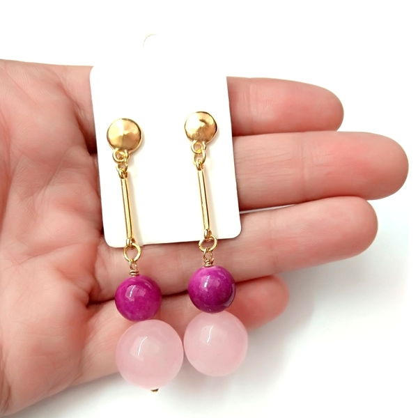 Pink quartz and jade earrings - ημιπολύτιμες πέτρες, βραδυνά, vintage, μοντέρνο, νεφρίτης, romantic, minimal, καρφωτά, κρεμαστά - 2