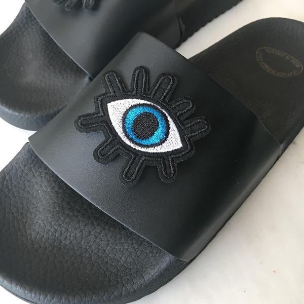 Evil eye leather slides - δέρμα, minimal, boho, φλατ, slides - 3