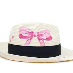PINK BOW handpainted fedora hat - φιόγκος, ζωγραφισμένα στο χέρι, καλοκαίρι, παραλία, ψάθινα