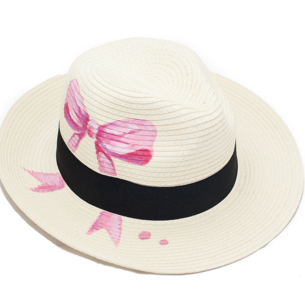 PINK BOW handpainted fedora hat - φιόγκος, ζωγραφισμένα στο χέρι, καλοκαίρι, παραλία, ψάθινα - 3