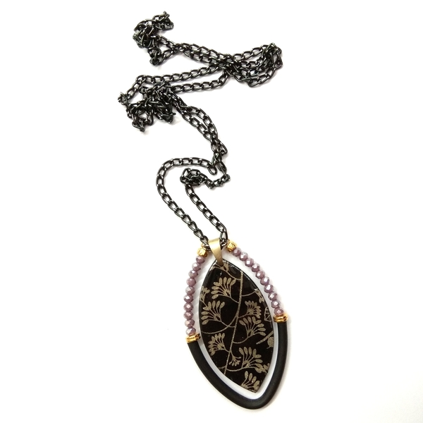 Black leaf necklace - αλυσίδες, βραδυνά, vintage, γυαλί, μοντέρνο, κρύσταλλα, σύρμα, μακρύ, πηλός, χάντρες, φύλλο, romantic, κρεμαστά