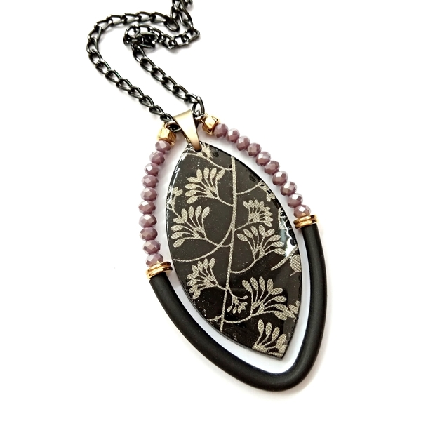Black leaf necklace - αλυσίδες, βραδυνά, vintage, γυαλί, μοντέρνο, κρύσταλλα, σύρμα, μακρύ, πηλός, χάντρες, φύλλο, romantic, κρεμαστά - 2
