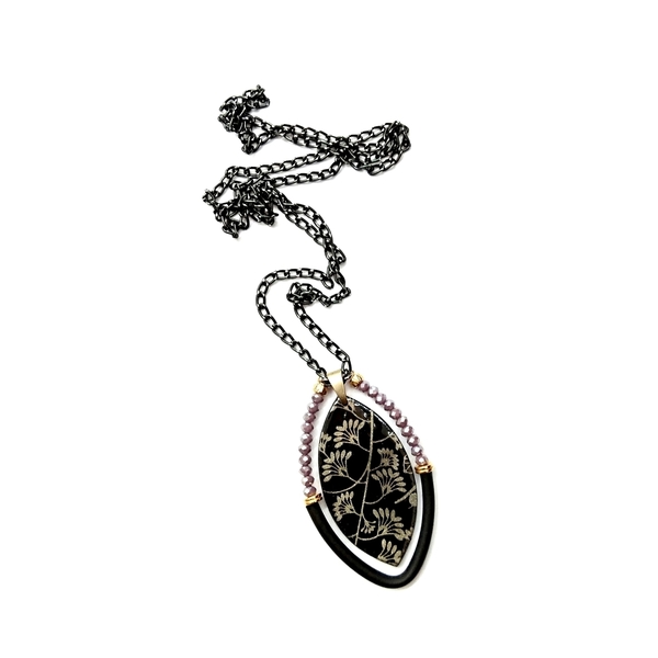Black leaf necklace - αλυσίδες, βραδυνά, vintage, γυαλί, μοντέρνο, κρύσταλλα, σύρμα, μακρύ, πηλός, χάντρες, φύλλο, romantic, κρεμαστά - 3