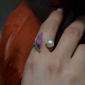 ''Δολομίτης-μαργαριτάρι'' δαχτυλίδι από ασήμι 925 - statement, ημιπολύτιμες πέτρες, μαργαριτάρι, ασήμι 925, μικρά, boho, ethnic, αυξομειούμενα - 4