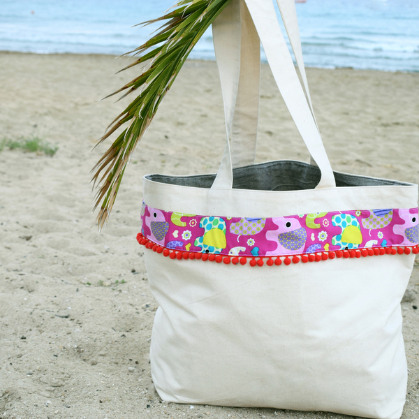 Τσάντα θαλάσσης με σχέδια και pon pon - καλοκαίρι, pom pom, τσάντα, παραλία, boho, ethnic, θαλάσσης