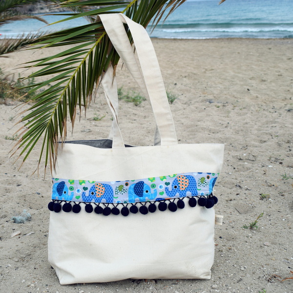 Τσάντα θαλάσσης με σχέδια και pon pon - καλοκαίρι, pom pom, τσάντα, παραλία, boho, ethnic, θαλάσσης - 2