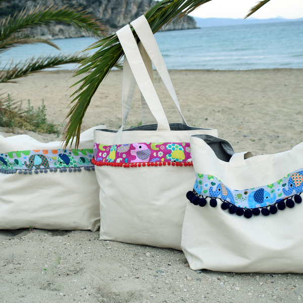 Τσάντα θαλάσσης με σχέδια και pon pon - καλοκαίρι, pom pom, τσάντα, παραλία, boho, ethnic, θαλάσσης - 4