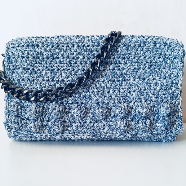Πλεκτή Τσάντα με Φούσκες - Blue Summer - αλυσίδες, chic, μονόχρωμες, χιαστί, crochet, romantic, πλεκτή