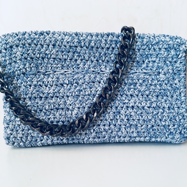 Πλεκτή Τσάντα με Φούσκες - Blue Summer - αλυσίδες, chic, μονόχρωμες, χιαστί, crochet, romantic, πλεκτή - 3