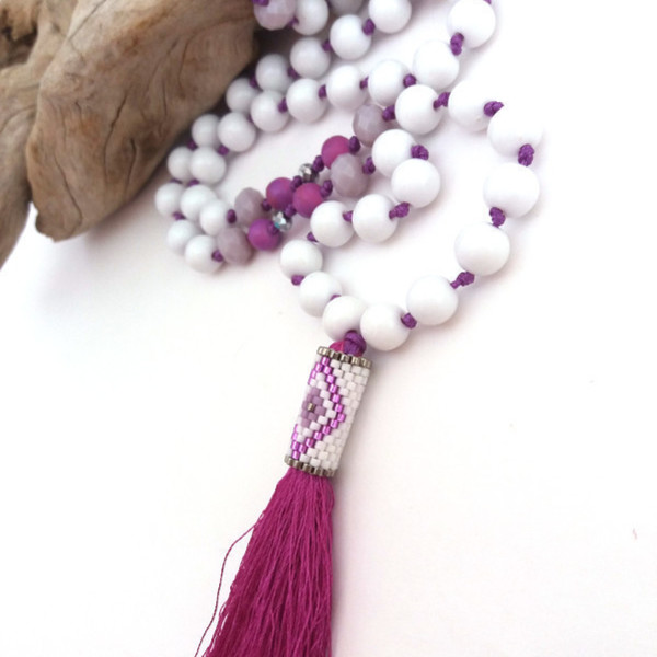 Purple tassel necklace, μακρύ μοβ κολιέ με χάντρες και φούντα με στοιχείο ραμμένο στο χέρι - ιδιαίτερο, μοντέρνο, γυναικεία, καλοκαίρι, μακρύ, στυλ, με φούντες, κολιέ, χειροποίητα, μάτι, χάντρες, miyuki delica, elegant, απαραίτητα καλοκαιρινά αξεσουάρ, boho, ροζάριο, ethnic, έλληνες σχεδιαστές, fashion jewelry, αυξομειούμενα - 2