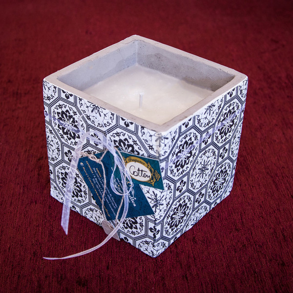 Τσιμεντένιος κύβος με ασπρόμαυρη vintage στάμπα με αρωματικό κερί - διακόσμηση, τσιμέντο, αρωματικά κεριά