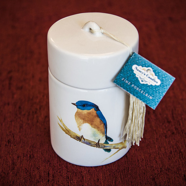 Πορσελάνινο κυλινδρικό κουτί με μπλε πουλί και αρωματικό κερί - vintage, διακόσμηση, πορσελάνη, αρωματικά κεριά