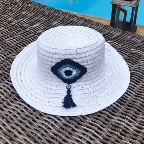 Καπέλο Knitted eye hat - πλεκτό, καλοκαίρι, με φούντες, ψάθα, βελονάκι, μάτι, παραλία, απαραίτητα καλοκαιρινά αξεσουάρ, βαμβακερό νήμα, καπέλο, Black Friday, ψάθινα - 3