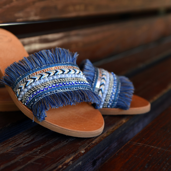 Leather Sandal Bohemian Blue - δέρμα, boho, ethnic, φλατ - 3