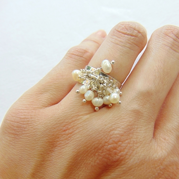 Ασημένιο δαχτυλίδι με μαργαριτάρια - statement, ημιπολύτιμες πέτρες, vintage, ιδιαίτερο, μοναδικό, μαργαριτάρι, ασήμι 925, σφυρήλατο, αυξομειούμενα - 3
