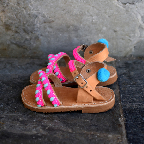 Baby leather sandals Pink pom poms - δέρμα, χιαστί, pom pom, boho, ethnic, δώρα για παιδιά, φλατ, για παιδιά - 3