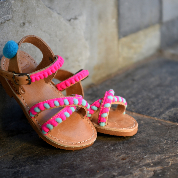 Baby leather sandals Pink pom poms - δέρμα, χιαστί, pom pom, boho, ethnic, δώρα για παιδιά, φλατ, για παιδιά - 4