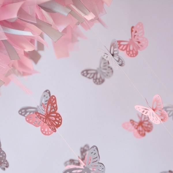 Butterfly Mobile -pink & grey - διακοσμητικό, κορίτσι, πεταλούδα, δωμάτιο, παιδί, δωράκι, μόμπιλε - 4