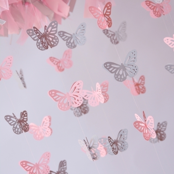 Butterfly Mobile -pink & grey - διακοσμητικό, κορίτσι, πεταλούδα, δωμάτιο, παιδί, δωράκι, μόμπιλε - 5