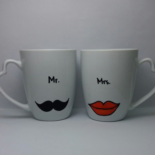 Σετ κούπες "Moustache & Lips"" - ιδιαίτερο, μοναδικό, κουζίνα, δώρα γάμου, πορσελάνη, σετ, gift, gift idea, ζευγάρια, δώρα αγίου βαλεντίνου, κούπες & φλυτζάνια