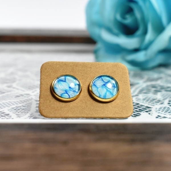 Stud earrings | Leaves | Blue - γυαλί, μοντέρνο, επιχρυσωμένα, φύλλο, romantic, καθημερινό, minimal, καρφωτά - 2