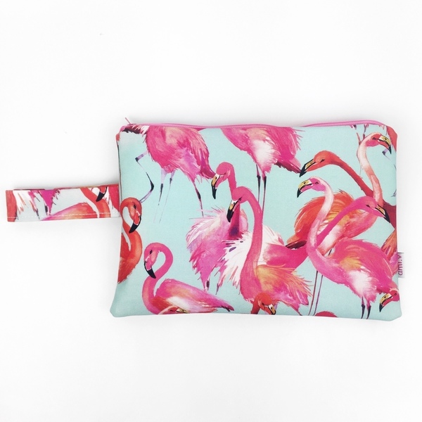 Flamingos - Μεσαίο τσαντάκι - ύφασμα, καλοκαίρι, clutch, παραλία, all day, flamingos