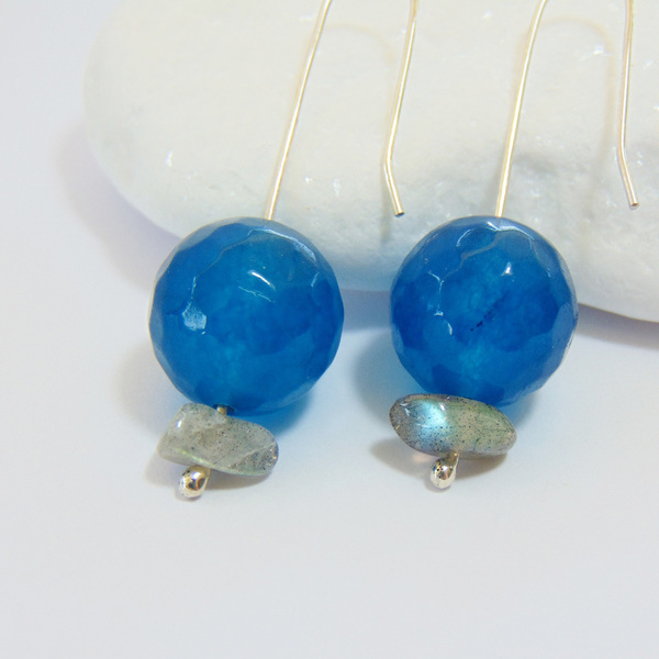 Ασημένια σκουλαρίκια με μπλε αχάτη - ασήμι, ημιπολύτιμες πέτρες, αχάτης, βραδυνά, ασήμι 925, καθημερινό, minimal, κρεμαστά - 2