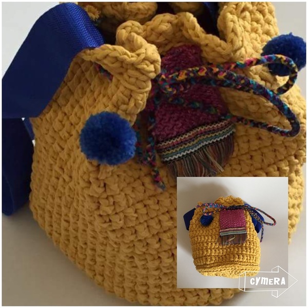 Mother’s and daughter’s bag - μονόχρωμες, πουγκί, χιαστί, crochet, pom pom, boho, πλεκτή - 2