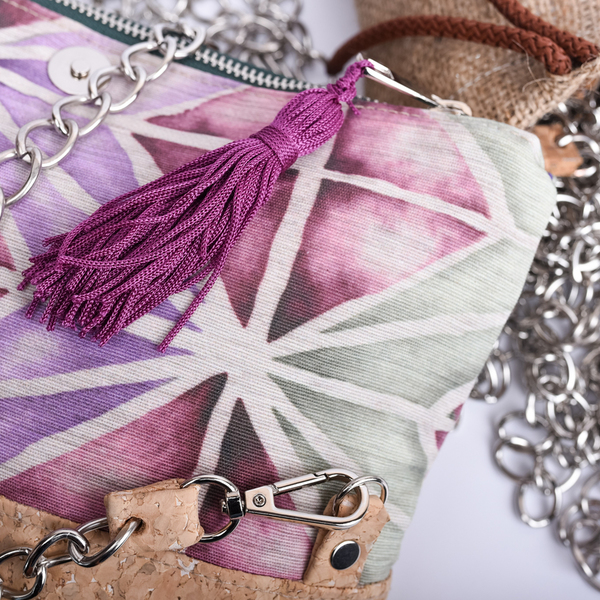 Τσάντα Φάκελος από Φελλό και Ύφασμα " Purple Geometry " - ύφασμα, αλυσίδες, chic, φάκελοι, με φούντες, χιαστί, γεωμετρικά σχέδια, all day, boho, φελλός, δώρα για γυναίκες - 5