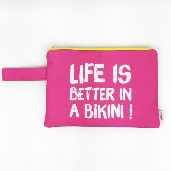 Life is better in a bikini - Μεσαίο τσαντάκι - ύφασμα, καλοκαιρινό, clutch, summer, all day
