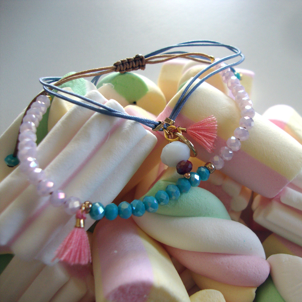 Σετ 2 Βραχιόλια "Marshmallow pink combo" - βραδυνά, vintage, γυαλί, charms, μοντέρνο, κρύσταλλα, με φούντες, μακραμέ, χάντρες, romantic, minimal, σετ - 2