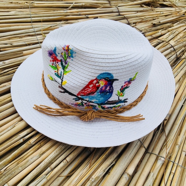 Hand painted Bird hat - ζωγραφισμένα στο χέρι, ψάθα, παραλία, απαραίτητα καλοκαιρινά αξεσουάρ, καπέλο, πουλάκι, ψάθινα