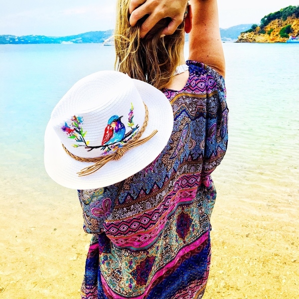 Hand painted Bird hat - ζωγραφισμένα στο χέρι, ψάθα, παραλία, απαραίτητα καλοκαιρινά αξεσουάρ, καπέλο, πουλάκι, ψάθινα - 2