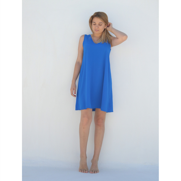 Μπλε κρεπ φόρεμα - αμάνικο