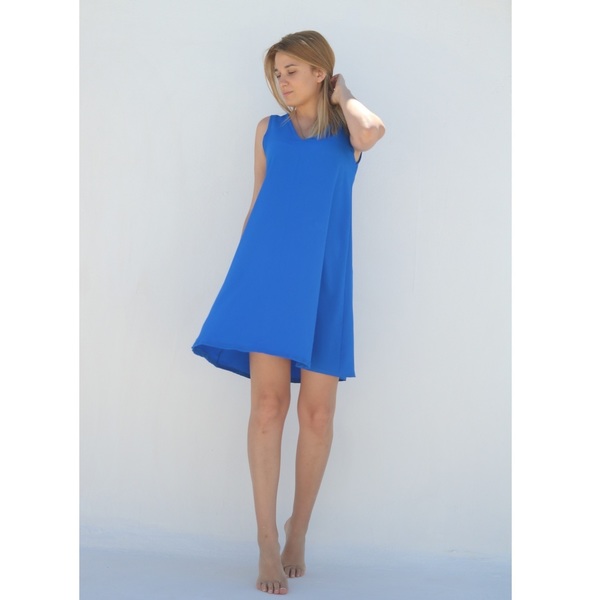 Μπλε κρεπ φόρεμα - αμάνικο - 2
