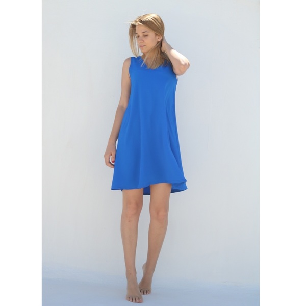 Μπλε κρεπ φόρεμα - αμάνικο - 4