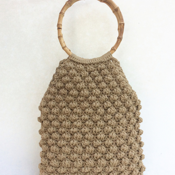 Τσάντα με μπαμπού χερούλι - μονόχρωμες, crochet, boho, χειρός, πλεκτές τσάντες