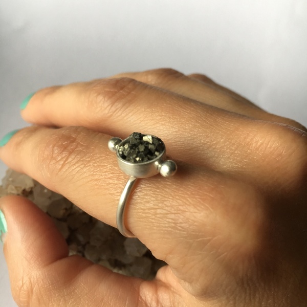 Ιron pyrite ring big - statement, ασήμι, ημιπολύτιμες πέτρες, ασήμι 925, minimal, μικρά, rock, αυξομειούμενα - 2