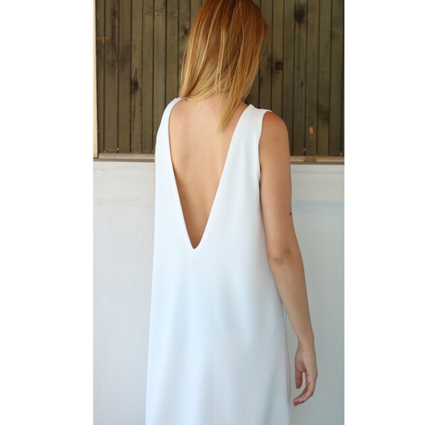 Λευκό κρεπ φόρεμα με ανοιχτή πλάτη - βαμβάκι, καλοκαιρινό, αμάνικο