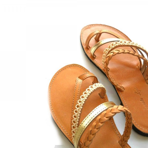 Limonita Sandals Νο. 38 - δέρμα, δαντέλα, καλοκαιρινό, γυναικεία, σανδάλι, αρχαιοελληνικό, φλατ - 2