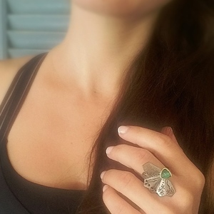 Malachite Fan Ring-Δαχτυλίδι Βεντάλια από Ασήμι 925 με Ημιπολύτιμη Πέτρα - ασήμι, ημιπολύτιμες πέτρες, ασήμι 925, boho, ethnic, μεγάλα, επιροδιωμένα - 4