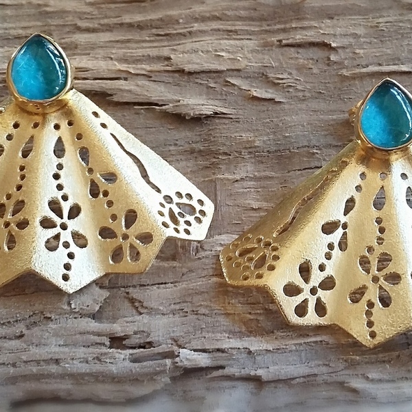 Madame Butterfly Earrings-Σκουλαρίκια Βεντάλια από Ασήμι 925 με Ημιπολύτιμες Πέτρες - ημιπολύτιμες πέτρες, βραδυνά, δαντέλα, επιχρυσωμένα, χειροποίητα, κρεμαστά - 4