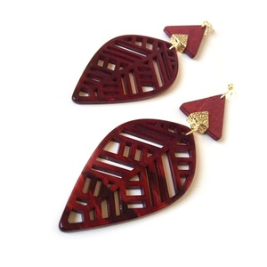 Plexi leafs earrings - statement, μακριά, ξύλινα κοσμήματα, κρεμαστά - 2
