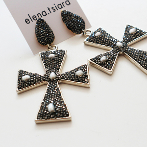 Σκουλαρίκια σταυροί με μαρκασίτες και μαργαριτάρι - σταυρός, μακριά, κρεμαστά