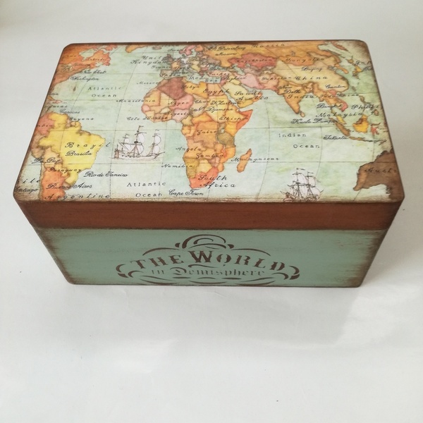 Ξύλινο κουτί με παγκόσμιο χάρτη 25Χ16Χ13 εκ. - οργάνωση & αποθήκευση, κουτιά αποθήκευσης - 2