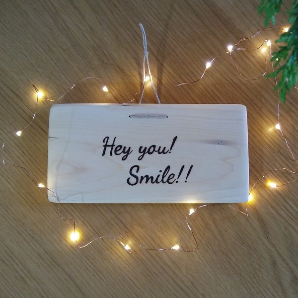 Μικρός ξύλινος πίνακας "Hey you! Smile!!" - ξύλο, πίνακες & κάδρα, κρεμαστά - 3