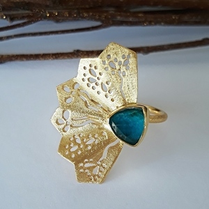 Blue Fsn Ring-Χειροποίητο Δαχτυλίδι Βεντάλια Από Επιχρυσωμένο Ασήμι Με Ντουμπλέτα Χρυσόκολλα - ασήμι, ημιπολύτιμες πέτρες, επιχρυσωμένα, μεγάλα - 3