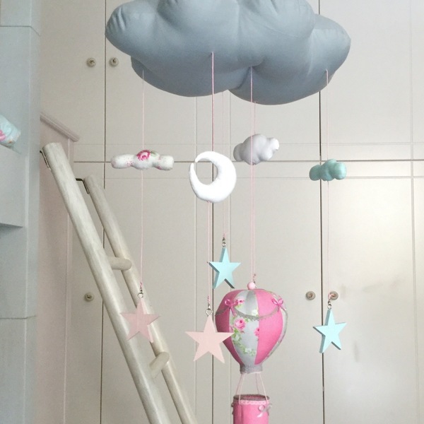 Μόμπιλε σύννεφο με αερόστατο και αστέρια σε γκρι και φούξια αποχρώσεις - κορίτσι, αερόστατο, δώρα για βάπτιση, μόμπιλε, δώρο γέννησης - 3