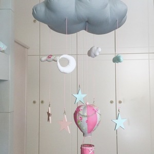 Μόμπιλε σύννεφο με αερόστατο και αστέρια σε γκρι και φούξια αποχρώσεις - κορίτσι, αερόστατο, δώρα για βάπτιση, μόμπιλε, δώρο γέννησης